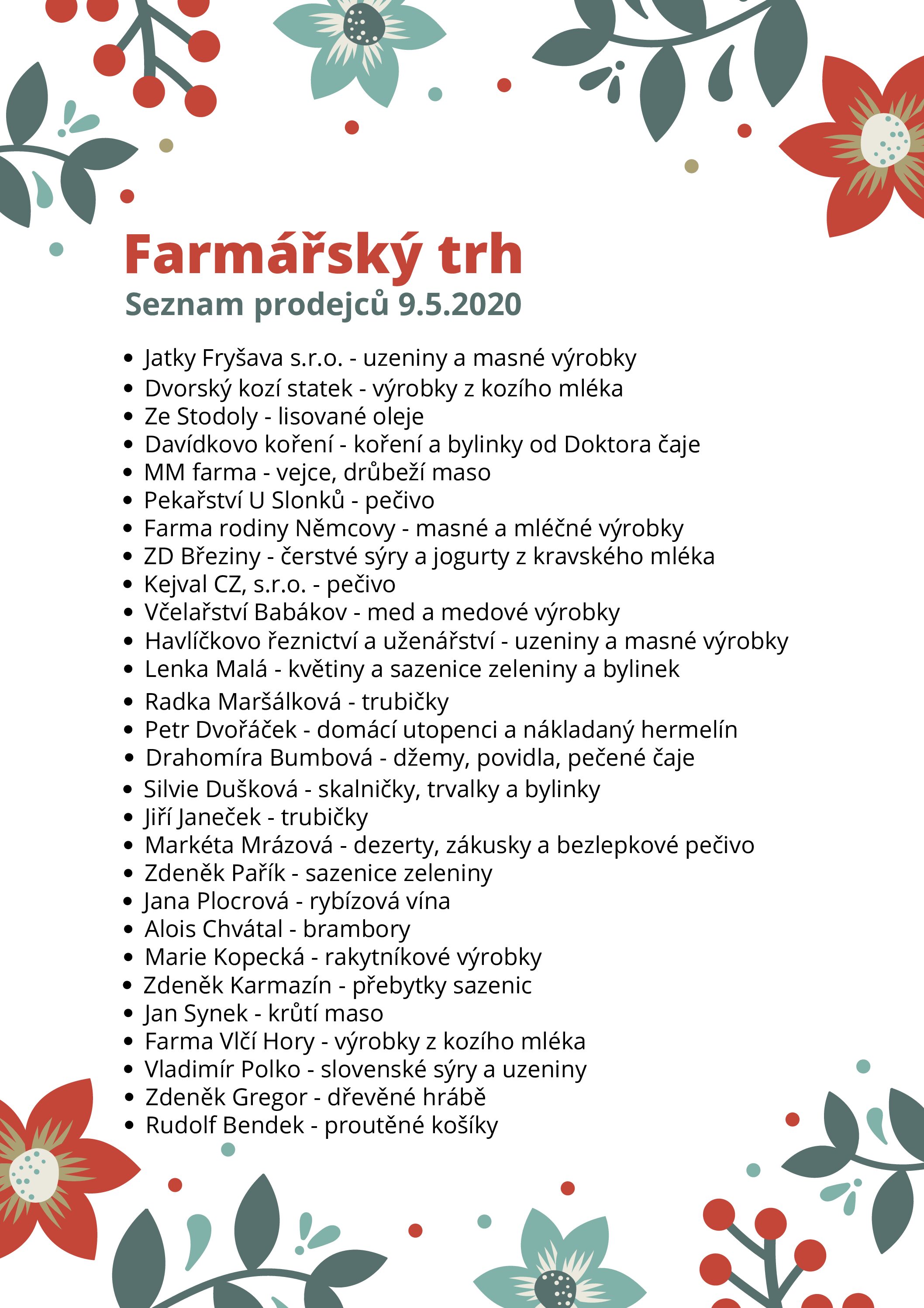 Farmarsky trh 9.5.2020 seznam prodejcu